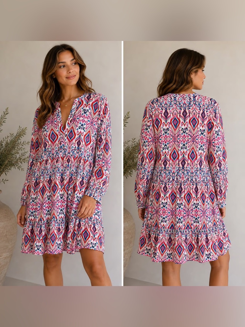 Boden Relaxed Linen Tiered V-Neck Dress